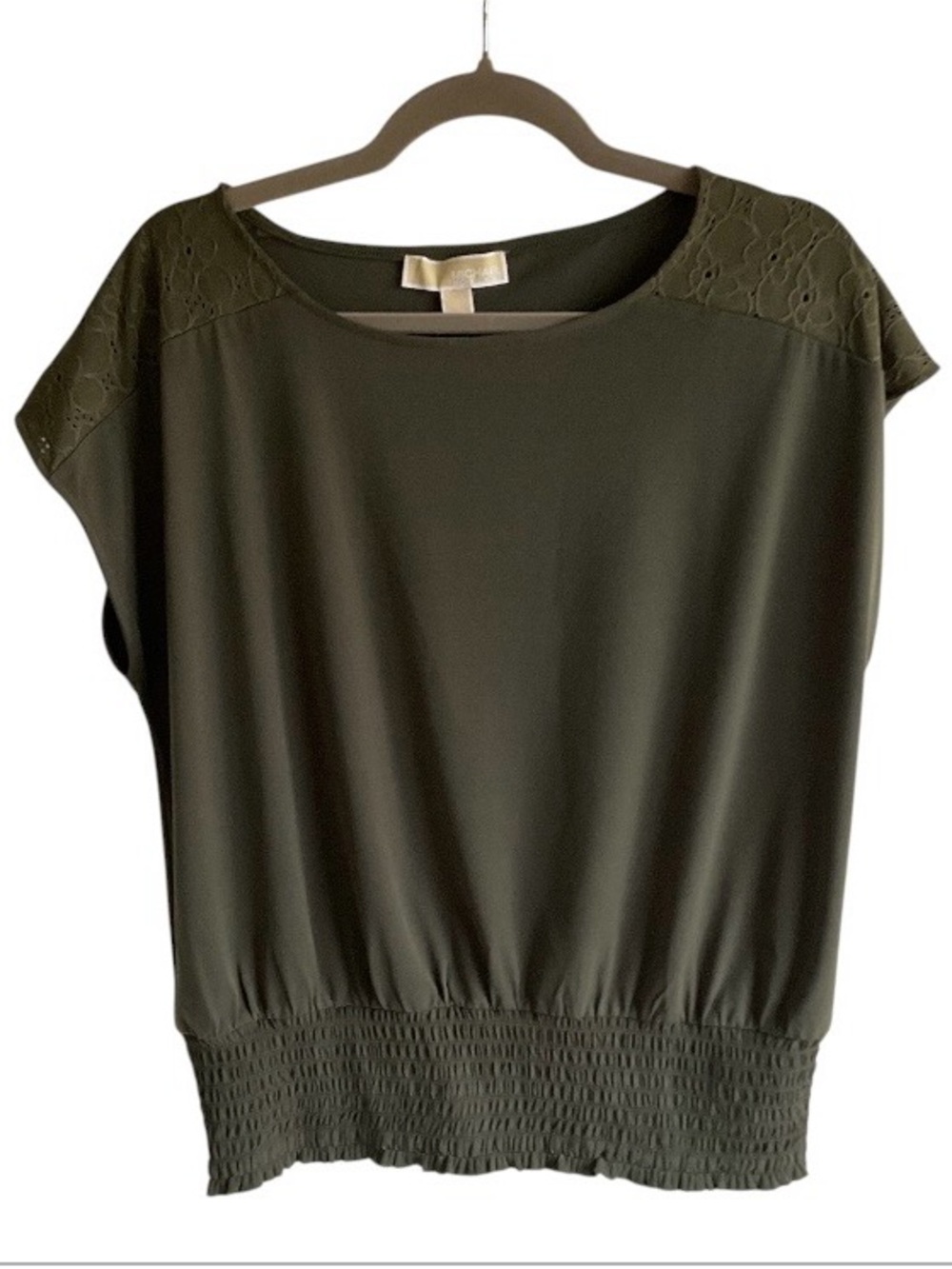 Michael Kors Olive Green Lace-Shoulder Short Sleeve Top Size Medium NWT